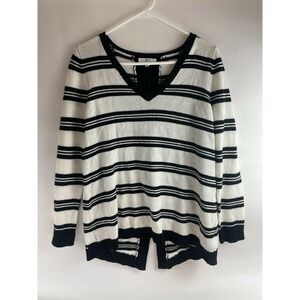 JACK Sweater Women's Size M Black & White Striped Slit Back V-neck Long Sleeve